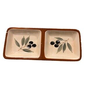 Inspirado StoneLite Clay Olive Branches Brown Double Dip Bowl Hand Painted